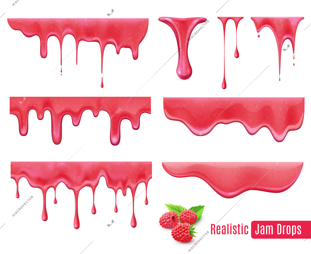 Melting raspberry jam drops realistic  set isolated vector illustration