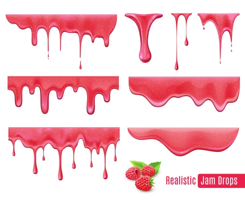 Melting raspberry jam drops realistic  set isolated vector illustration