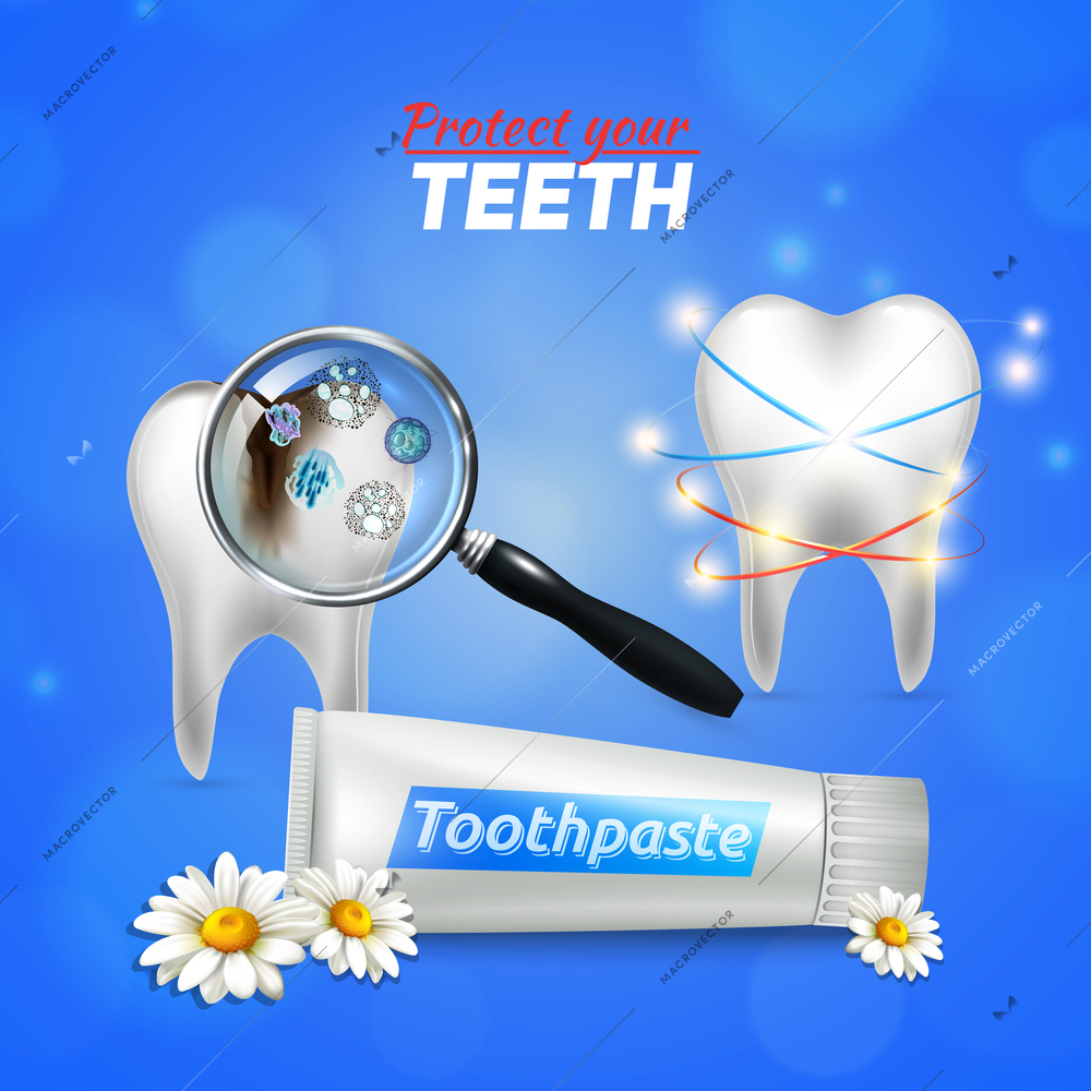 Preventive dental and oral care realistic composition poster with anti-cavity anti-bacterial chamomile toothpaste vector illustration