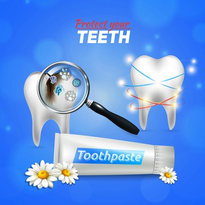 Preventive dental and oral care realistic composition poster with anti-cavity anti-bacterial chamomile toothpaste vector illustration