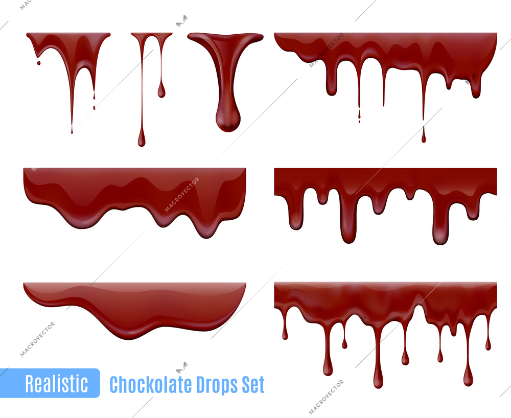 Melting dripping chocolate drops realistic  set isolated vector illustration