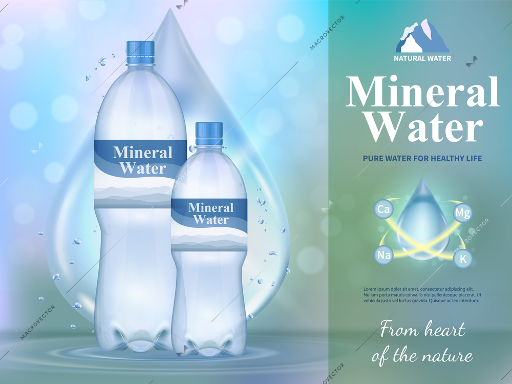 Mineral water composition with healthy life symbols realistic vector illustration