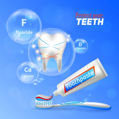 Dental care oral hygiene enamel protection  realistic composition with shining white tooth toothbrush and toothpaste vector illustration