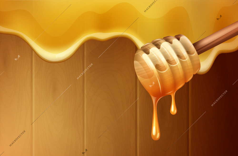 Dripping melting honey drops background with honey dipper realistic vector illustration