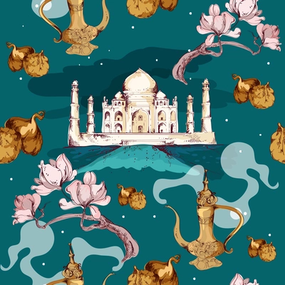 East seamless pattern with taj mahal and antique tea pot vector illustration