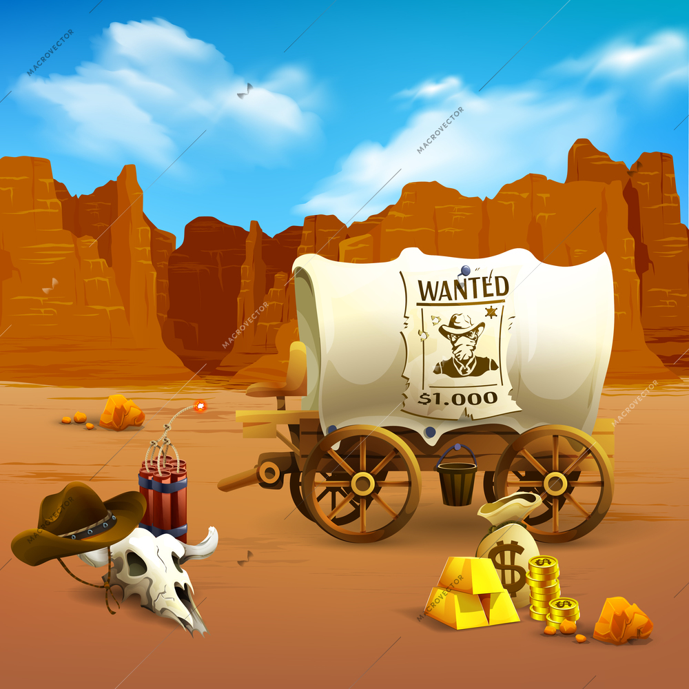 Wild west composition with cowboy hat, wooden cart, dynamite, money, red mountains and terracotta land vector illustration