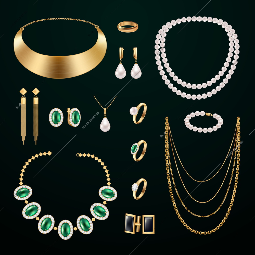 Jewelry accessories realistic set with rings and earrings on black background isolated vector illustration