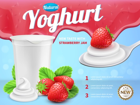 Yoghurt composition with new strawberry taste symbols realistic vector illustration