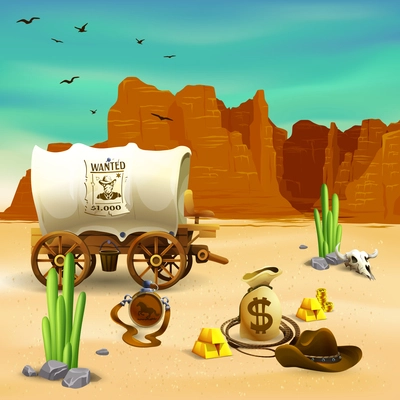 Wild west composition with cowboy accessories, wagon with wanted poster on red rocks background vector illustration