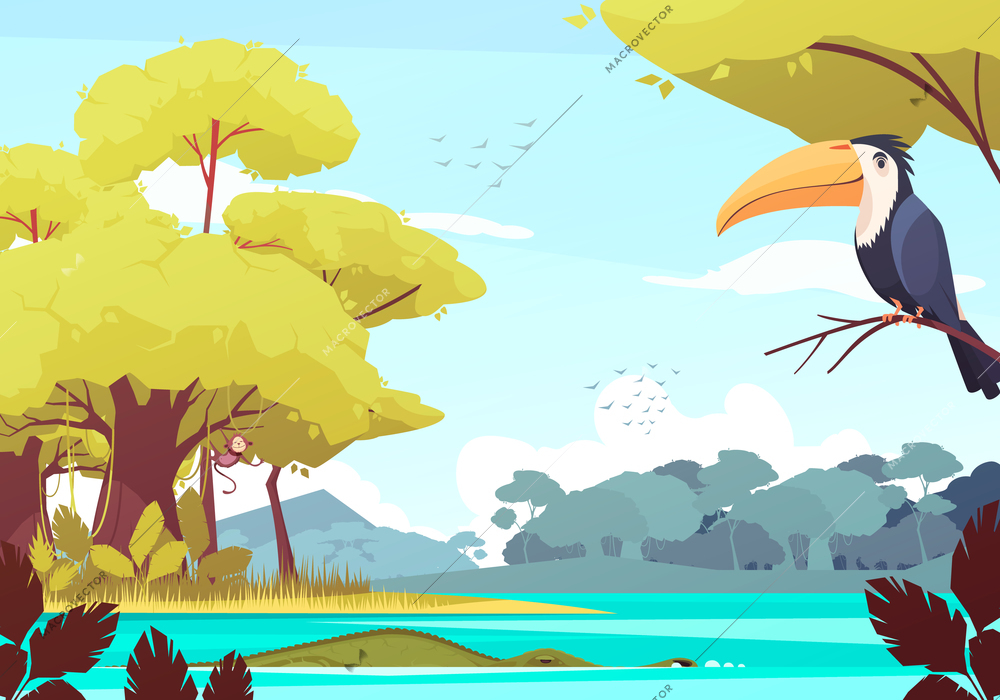 Jungle Landscape Monkey Tree Crocodile River Vector Illustration 38456 | Macrovector Jungle Landscape Monkey Tree Crocodile River Vector Illustration 38456 | Macrovector