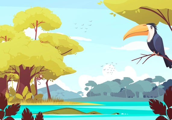 Jungle landscape with monkey on tree, crocodile in river, flock of birds in sky cartoon vector illustration