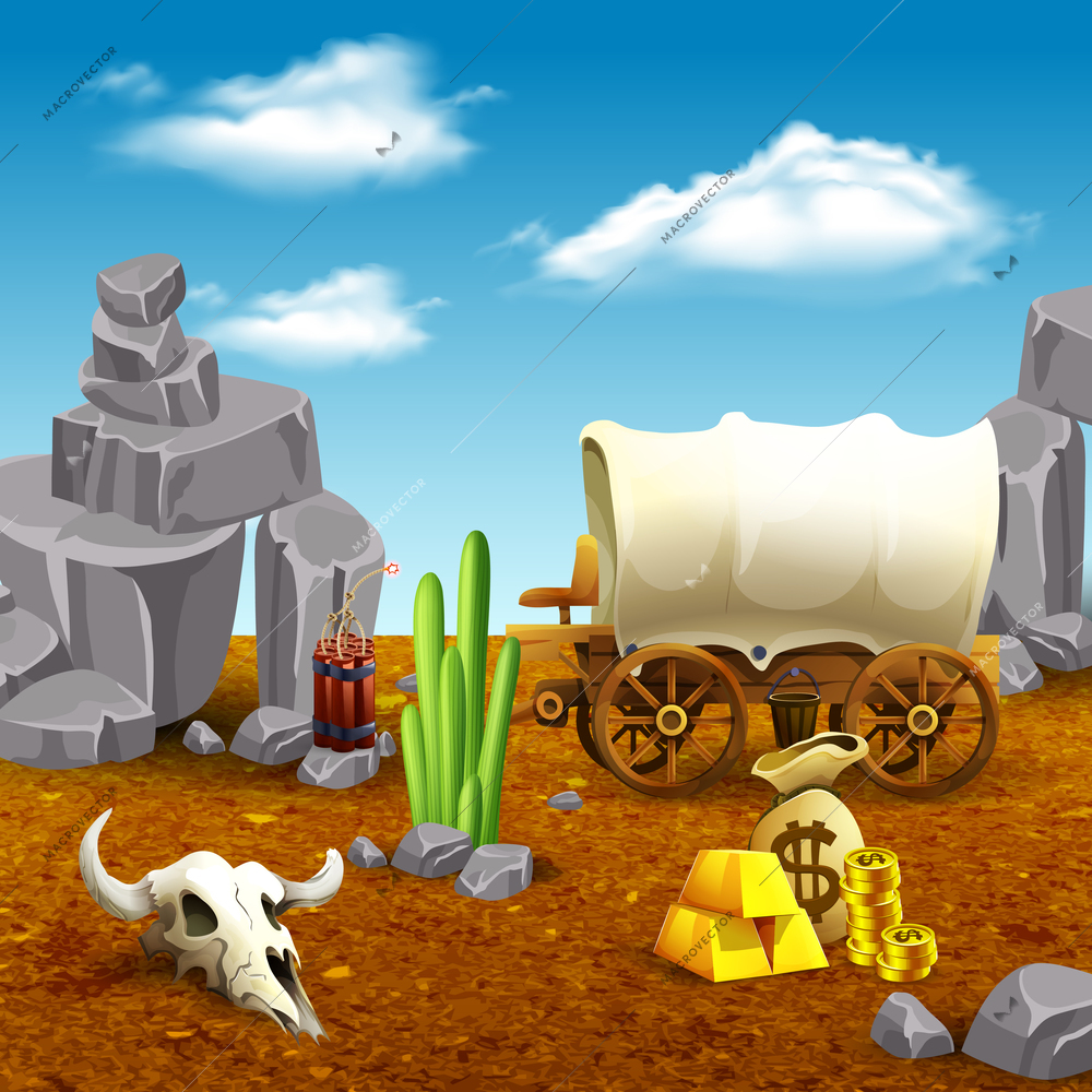 American old west, wooden cart, money, dynamite and animal skull on prairie nature background vector illustration