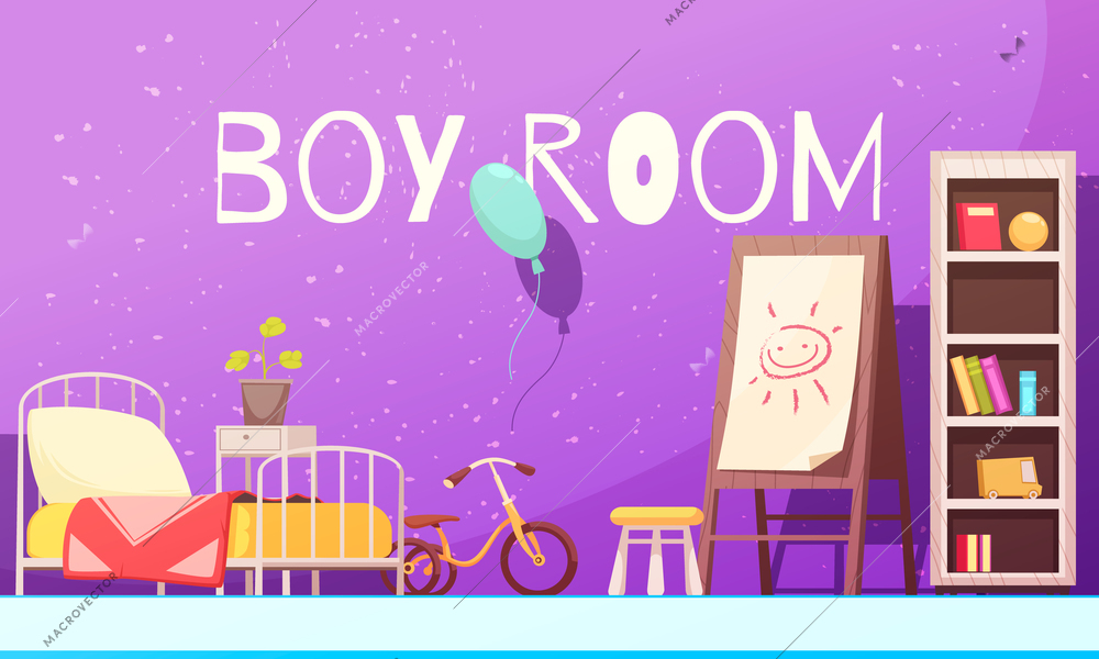 Boy room in violet color with bed, shelves with books, bike, board with drawing cartoon vector illustration