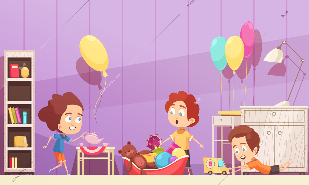 Children room in violet color with kids during game with toys, interior elements cartoon vector illustration