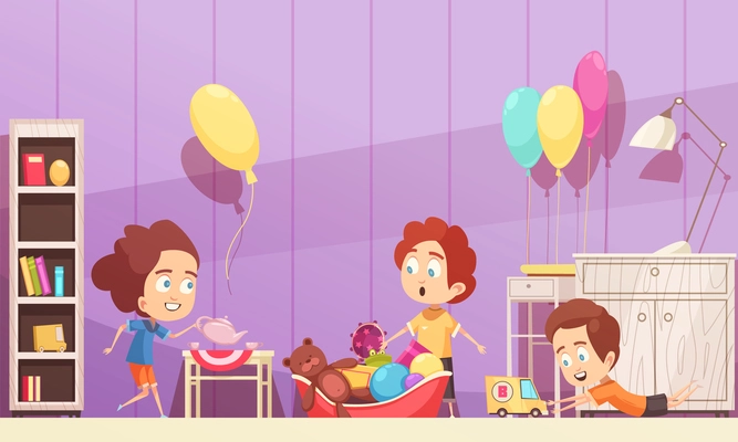 Children room in violet color with kids during game with toys, interior elements cartoon vector illustration
