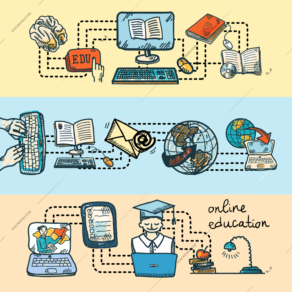 Online education graduation and e-learning sketch icon banner set isolated vector illustration