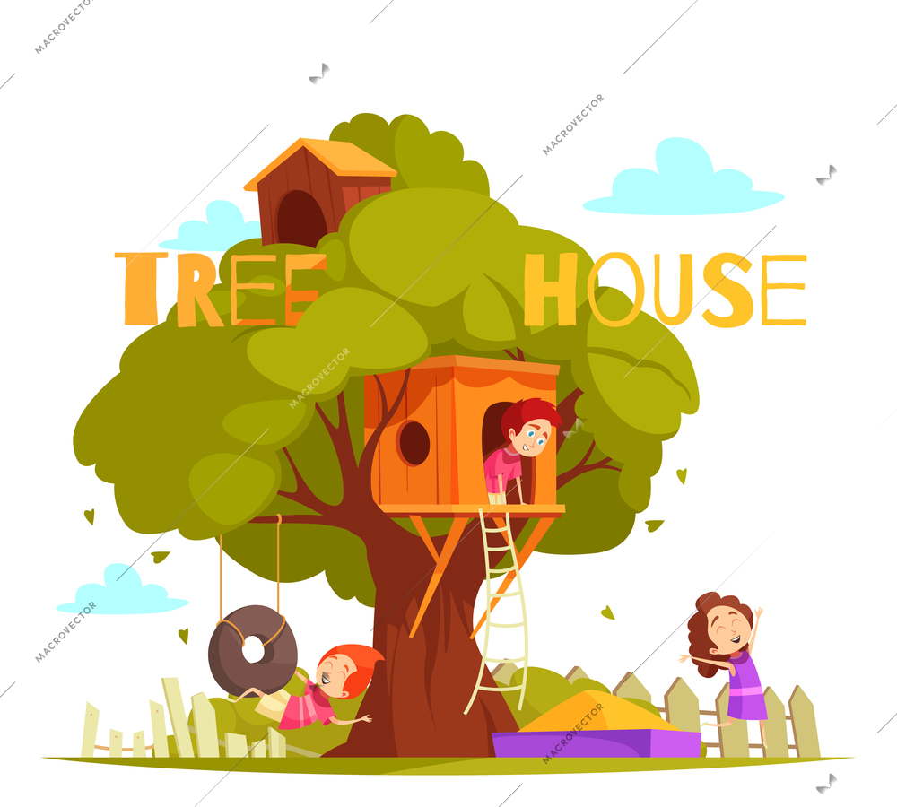 Tree house between green foliage with ladder, hanging tire, sand box and children during play vector illustration