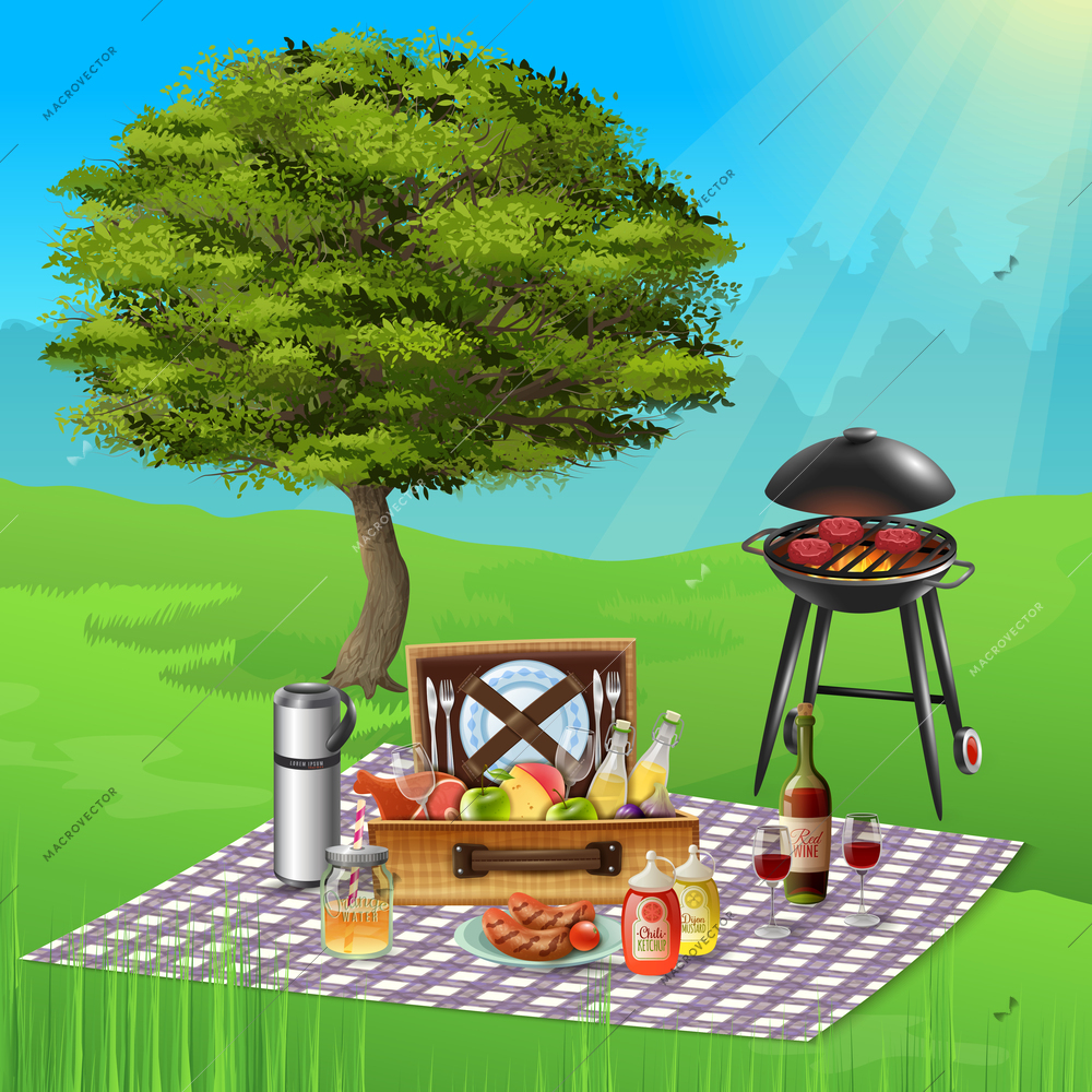 Summer picnic with wine cheese fruits and delicious bbq dishes cooking on grill realistic vector illustration