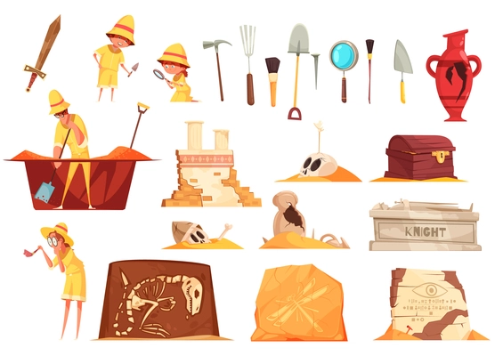 Archeology set of icons with explorers, science equipment, ancient artifacts including tombs, fossils, amphora isolated vector illustration