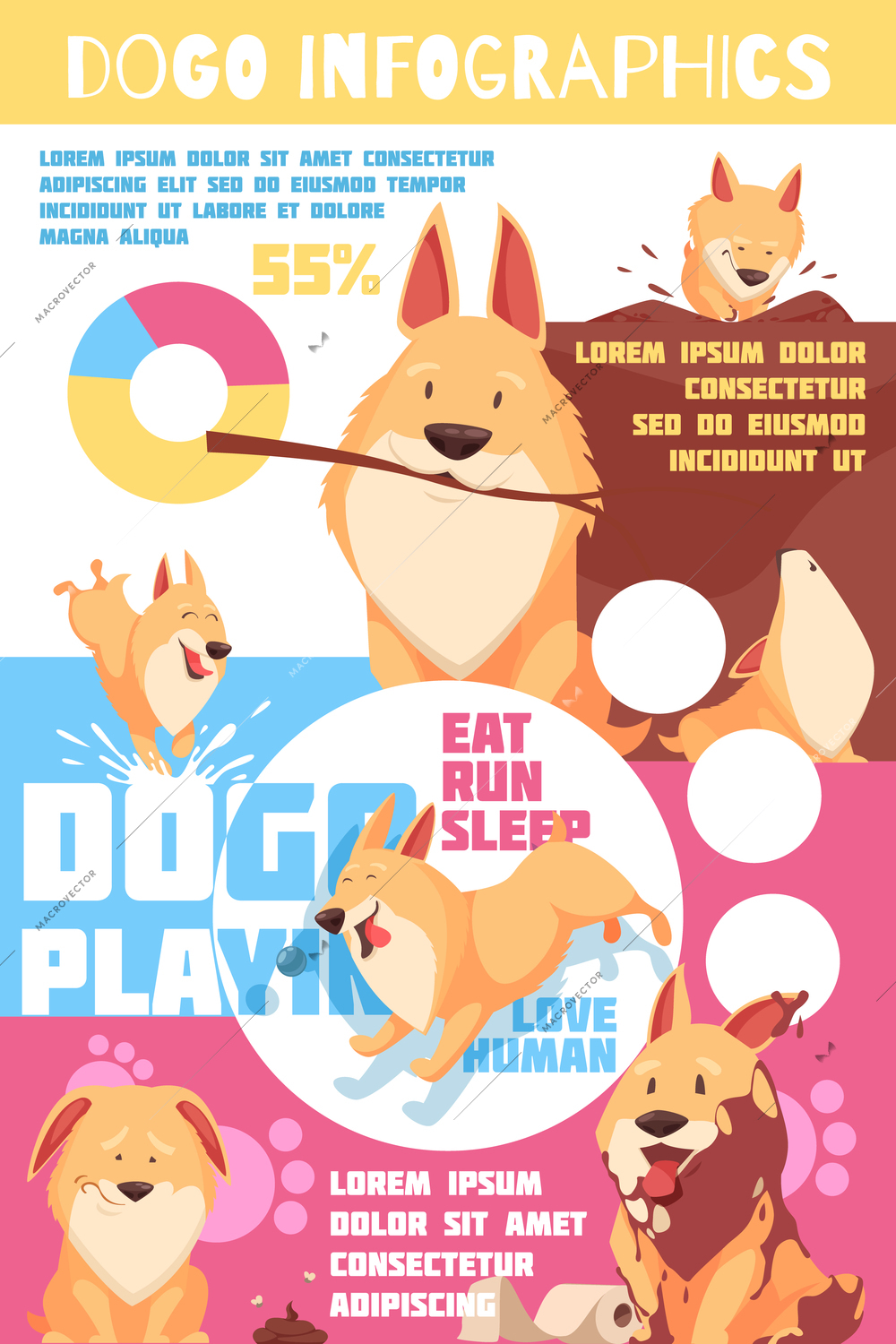 Puppy behavior including playing and pranks, love to human, colorful infographics with charts, paw prints, vector illustration