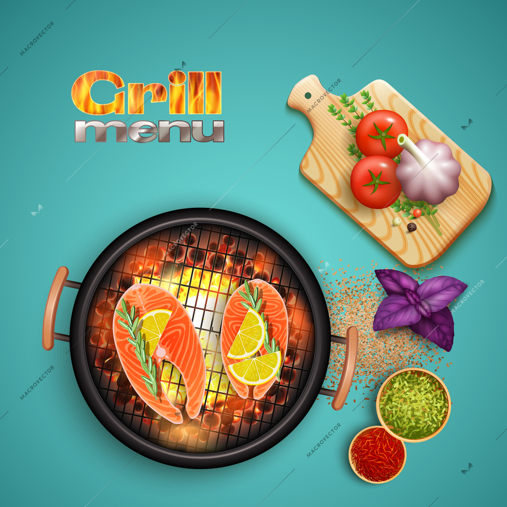 Bbq salmon cooked on grill with lemon and herbs on blue background realistic vector illustration