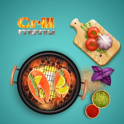 Bbq salmon cooked on grill with lemon and herbs on blue background realistic vector illustration