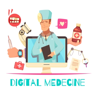 Digital medicine composition with online consultation and recipe, x-ray and lab equipment, cartoon vector illustration