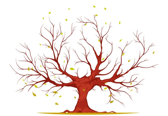 Huge tree with large trunk, bare branches and roots, falling leaves isolated on white background vector illustration