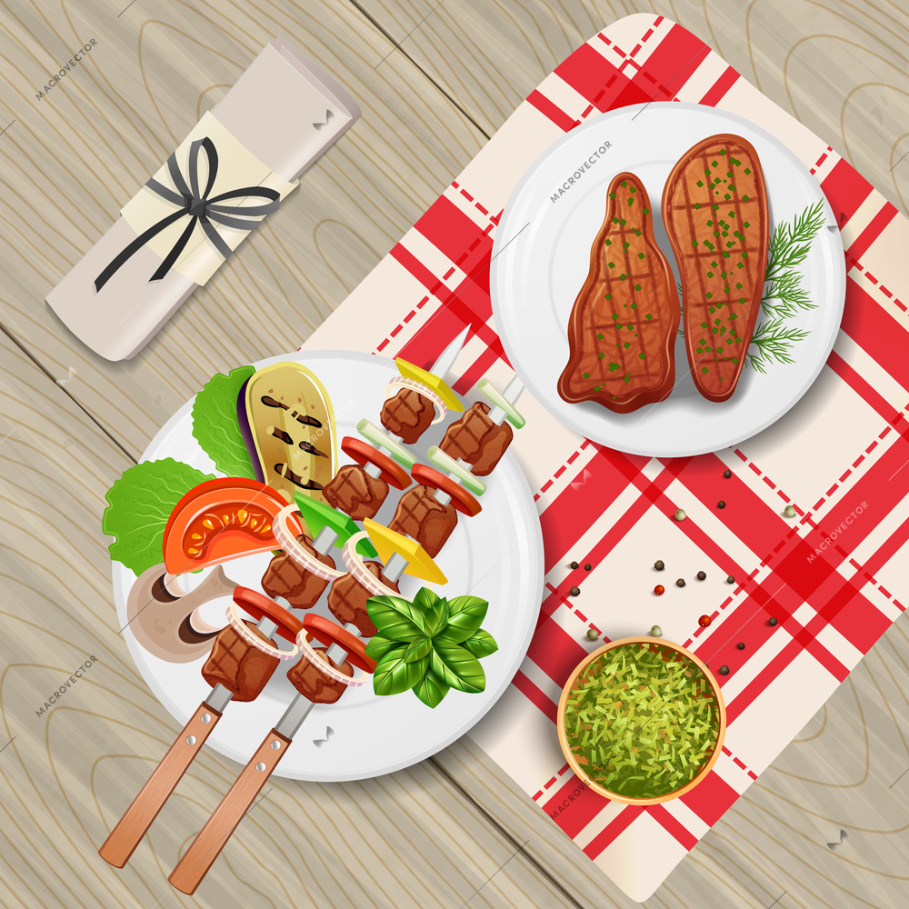 Bbq steaks and kebab with various herbs and vegetables on wooden table realistic vector illustration