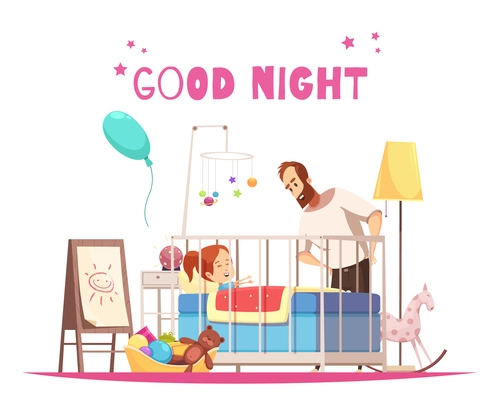 Children room composition with father wishing daughter good night before sleep time cartoon vector illustration