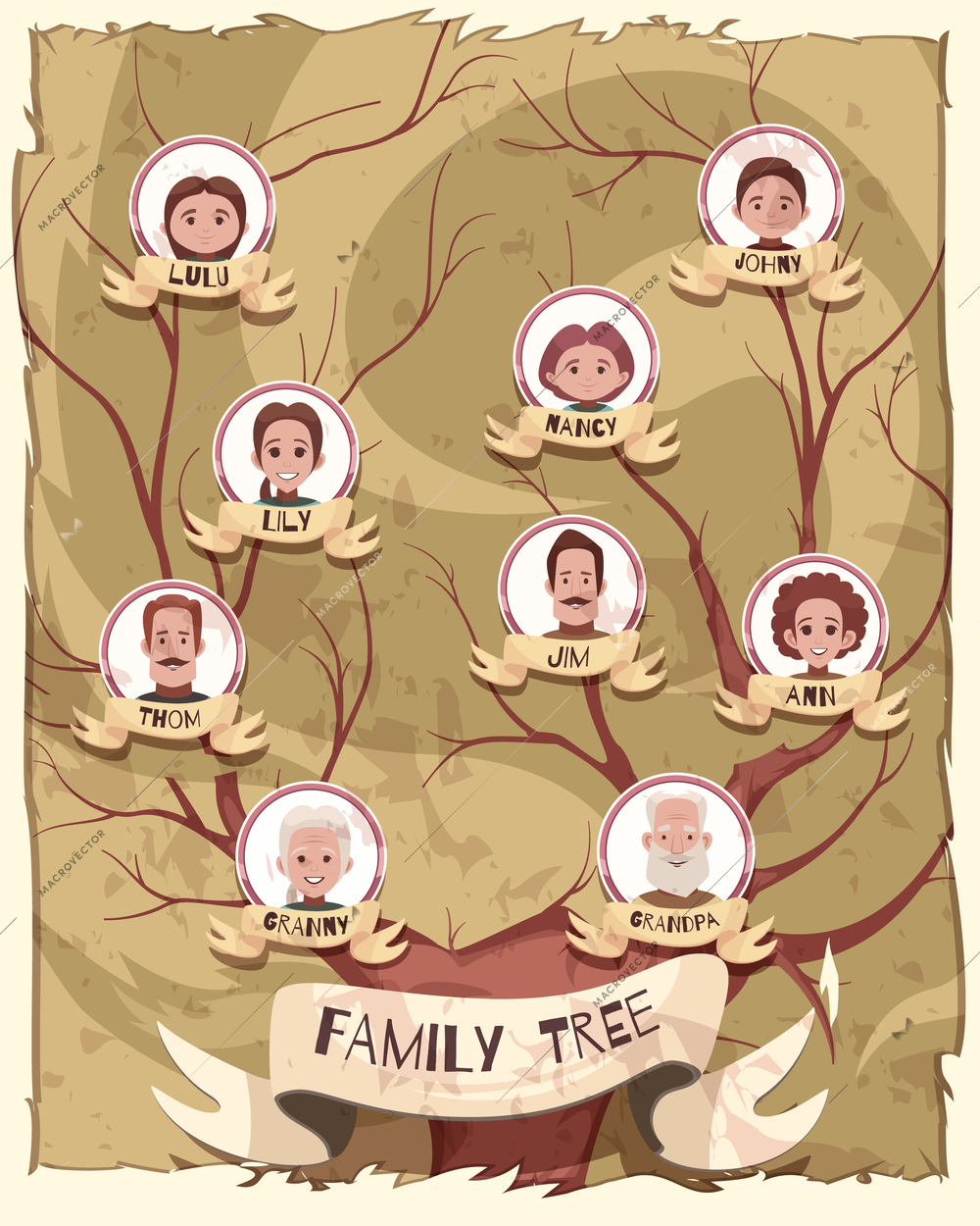 Family tree poster with pictures of grandparent, mature persons and young generation cartoon vector illustration