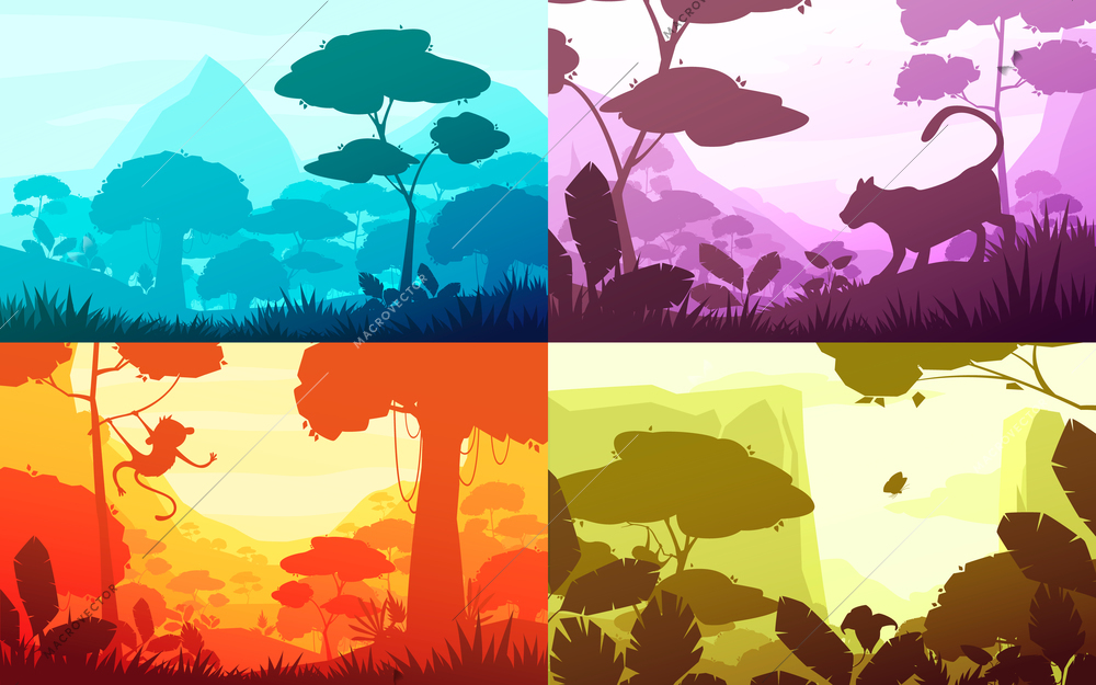 Jungle set of cartoon landscapes with rain forest with lush flora, silhouettes of animals, isolated vector illustration