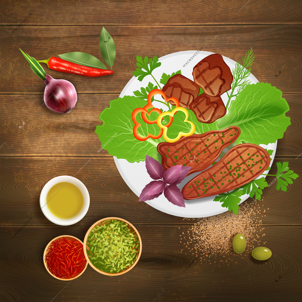 Bbq grilled steaks served with various herbs condiments and sauce on wooden table realistic vector illustration