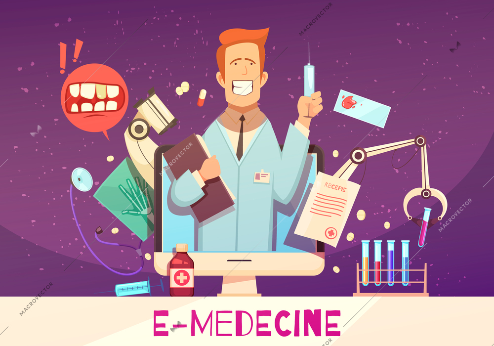 Digital health composition with online doctor, medical equipment, blood test, drugs on purple background cartoon vector illustration