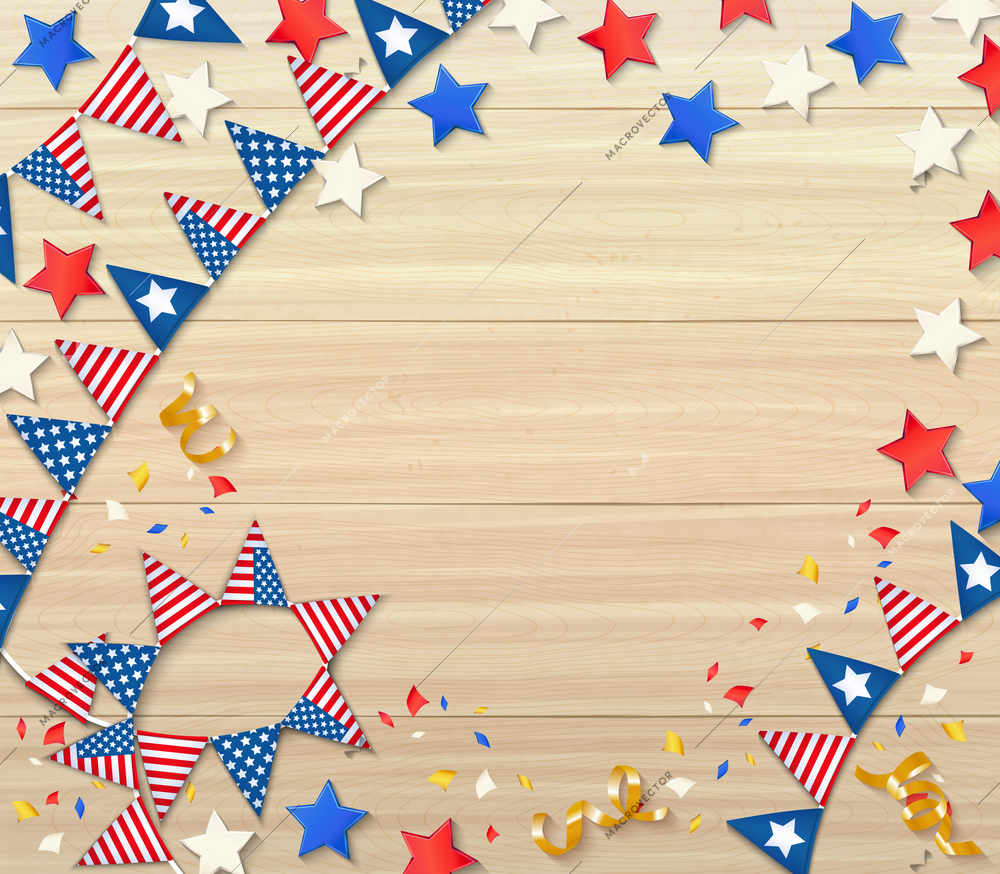 Independence day celebrating design composition with national flags confetti stars serpentine on wooden background realistic vector illustration