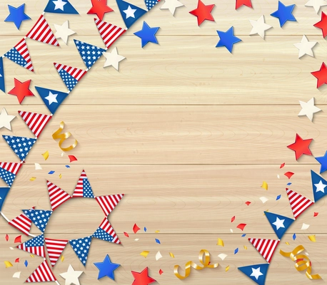 Independence day celebrating design composition with national flags confetti stars serpentine on wooden background realistic vector illustration