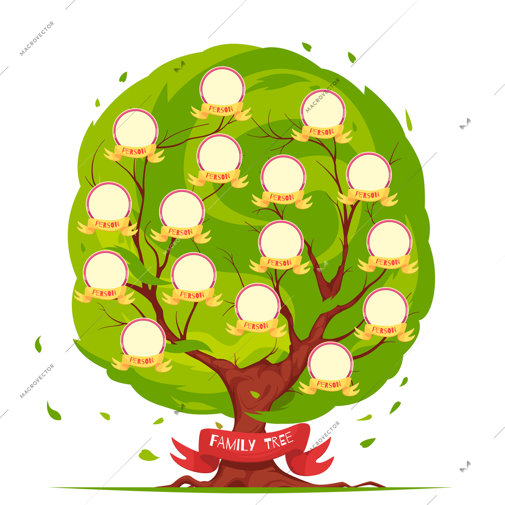 Genealogical tree template with round frames for portraits of family members on green foliage background vector illustration