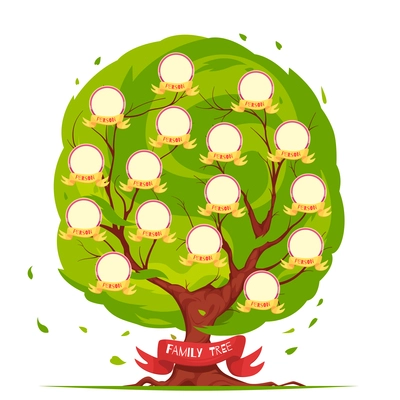 Genealogical tree template with round frames for portraits of family members on green foliage background vector illustration