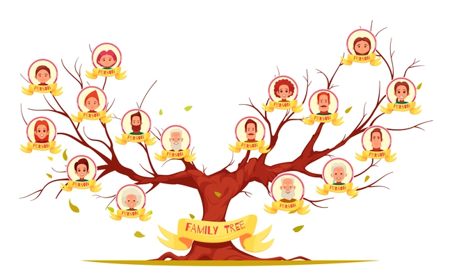 Family tree with pictures of relatives in round frames on bare branches horizontal cartoon vector illustration