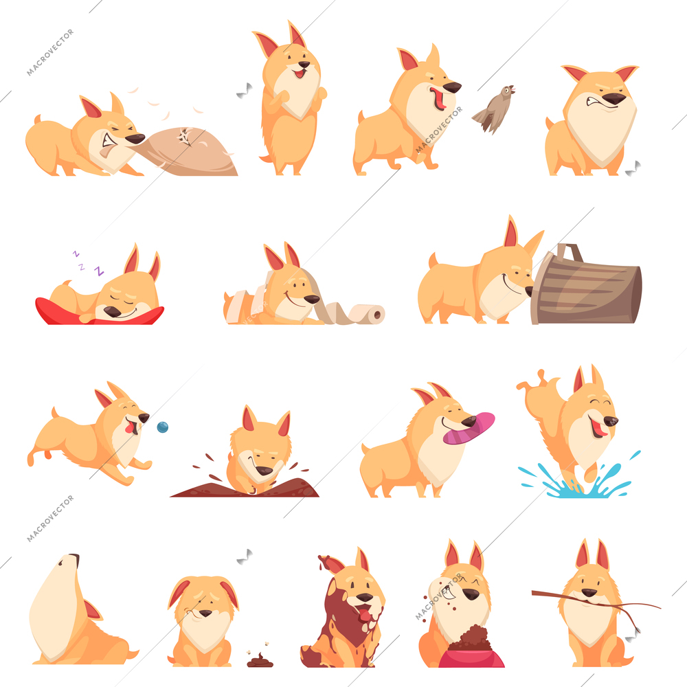 Cartoon cute puppy set of different situations including sleep, eating, howl, walking and pranks isolated vector illustration