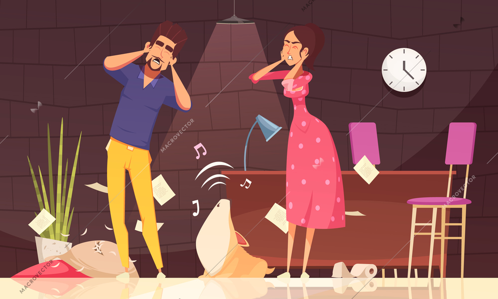 Man and woman closing ears and loud howl of puppy after pranks in home interior vector illustration