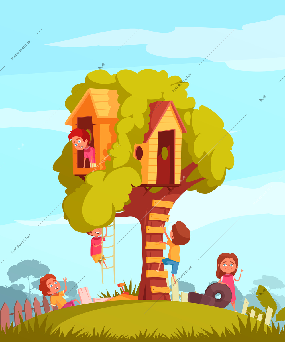 Tree house with ladder and joyful children during games on blue sky background cartoon vector illustration