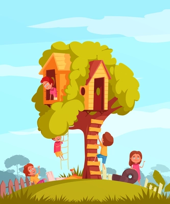 Tree house with ladder and joyful children during games on blue sky background cartoon vector illustration