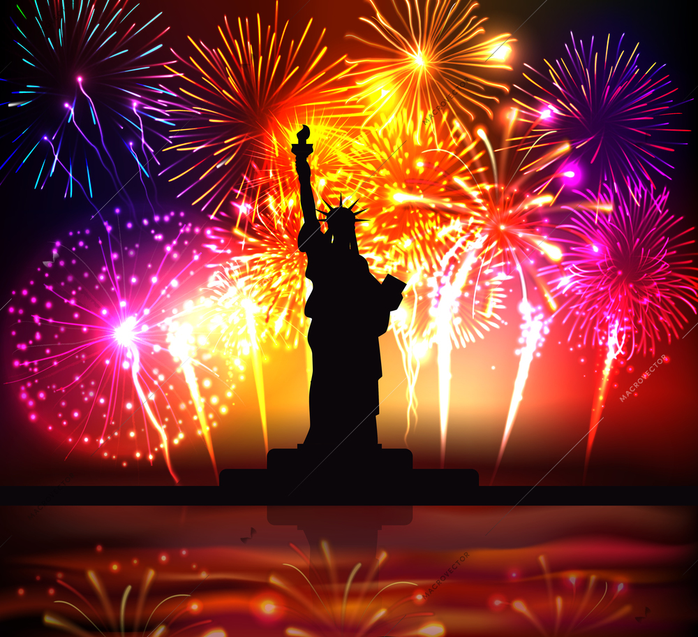 Independence day colorful poster with  statue of liberty silhouette on bright festive fireworks background realistic vector illustration