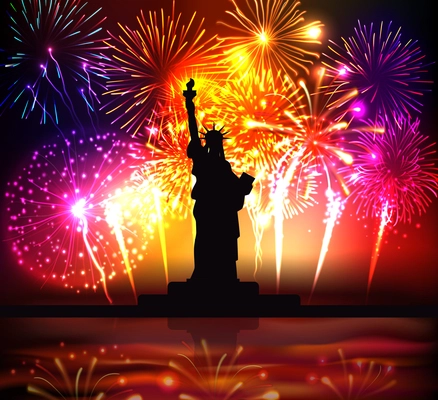 Independence day colorful poster with  statue of liberty silhouette on bright festive fireworks background realistic vector illustration