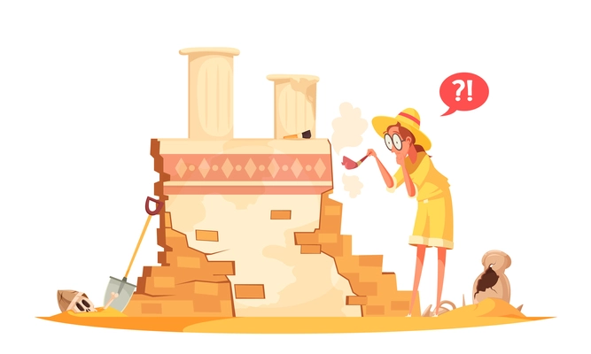 Scientist in hat with brush during archaeological works with ruin of ancient architecture cartoon vector illustration