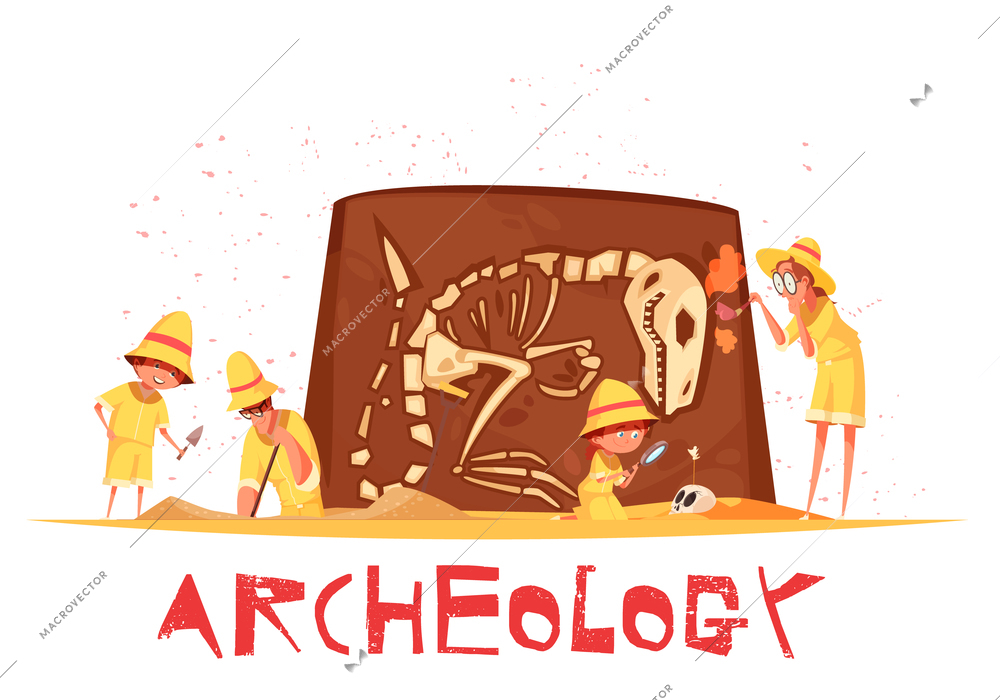 Group of explorers with work tools during archaeological digs of dinosaur skeleton cartoon vector illustration