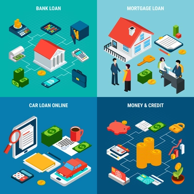 Loans isometric design concept with four compositions of financial banking related icons human characters and pictograms vector illustration
