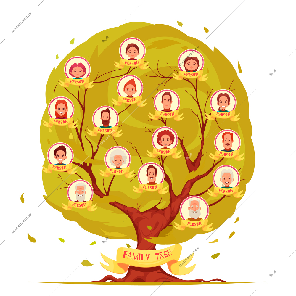 Genealogical tree set of family members from elderly persons to young generation on leafage background vector illustration