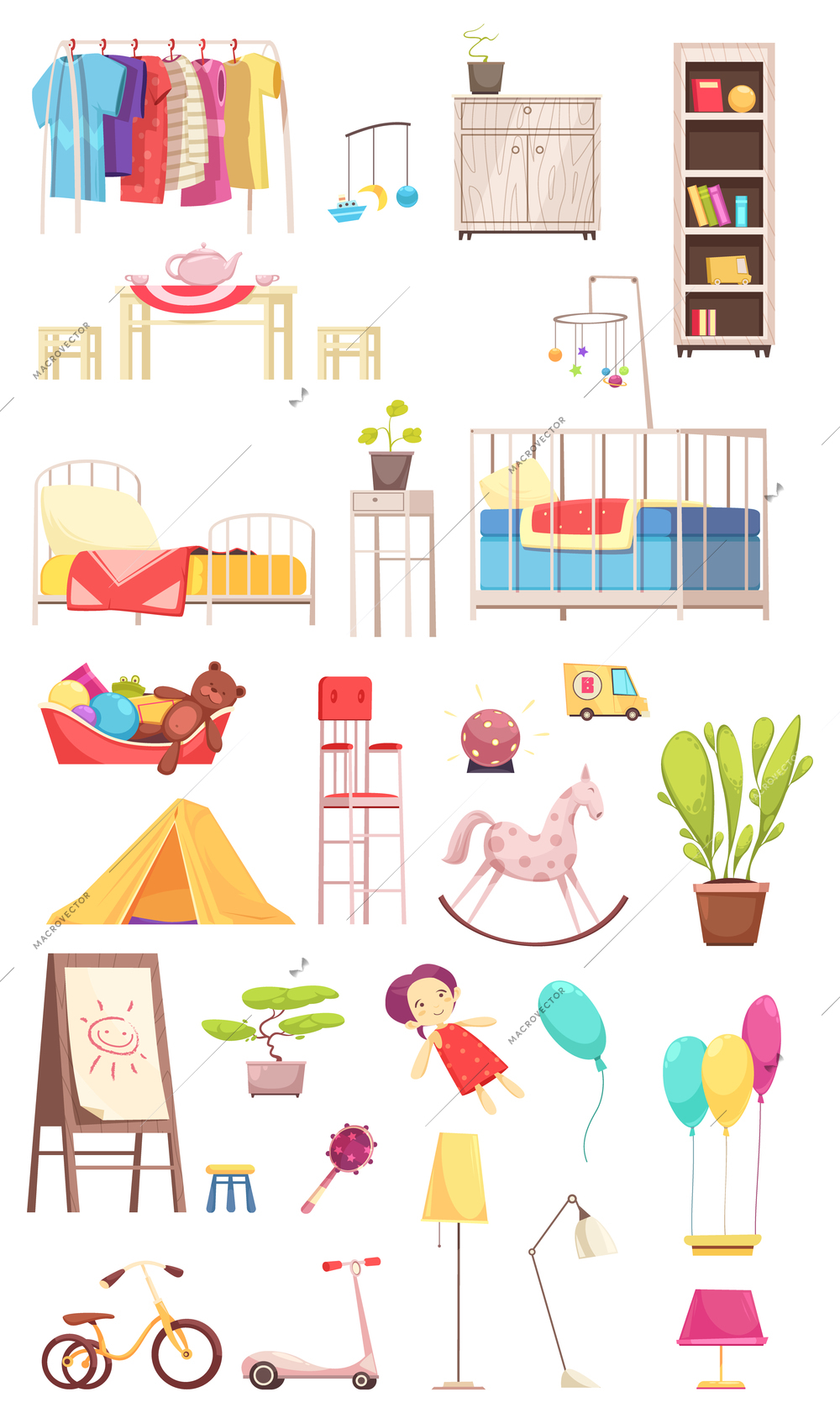 Children room interior elements set, rack with clothing, furniture, toys, plants, bike and scooter isolated vector illustration